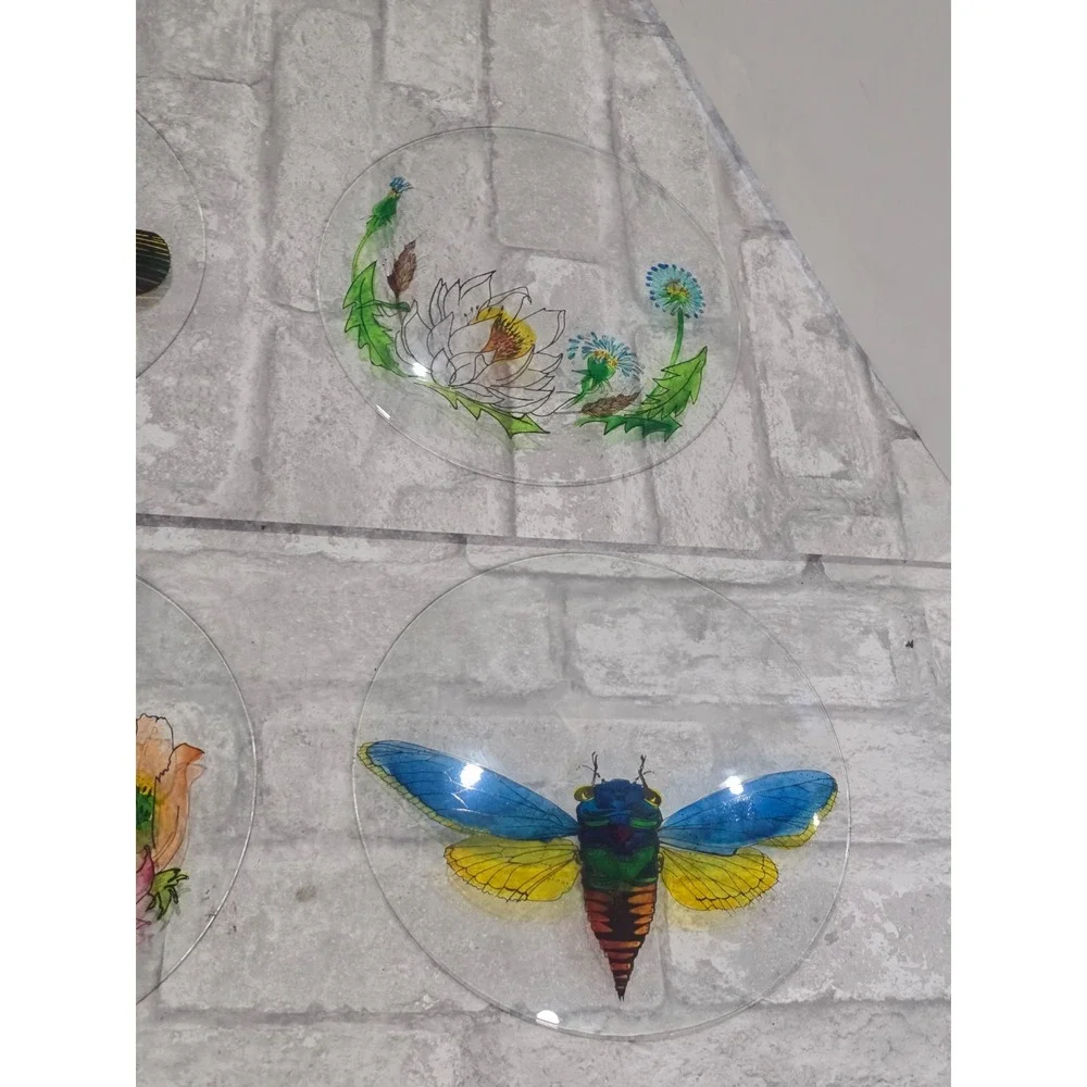 Hand painted‎ Signed Glass Salad Dessert Plates Reverse Floral Entomologist